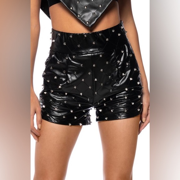 Faux Leather Stud Mock Neck Triangle Blouse & HBIC FAUX LEATHER SPIKE Shorts - Picture 15 of 15